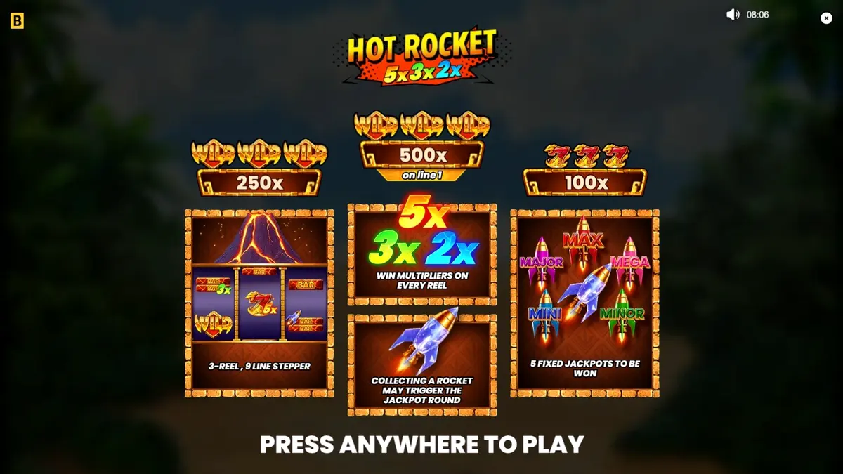 Hot Rocket 5x 3x 2x স্লট গেমের ইন্টারফেস এবং আগ্নেয়গিরির থিম